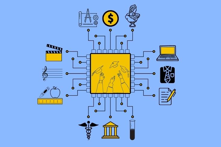  graphic of graduate caps branching out to different careers inside of a tech processor.