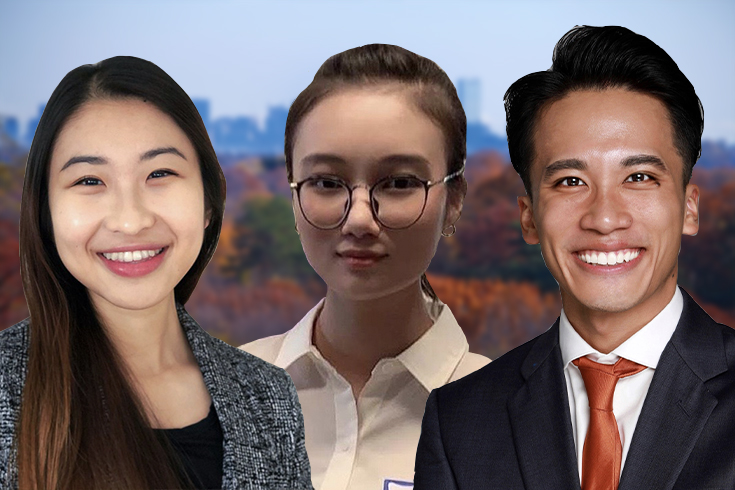 Headshots of Stephanie Yan ‘19 (left), Jiahua Chen ‘20, ‘26 PhD (center), and Urann Chan '16 (right) over a Boston skyline background.