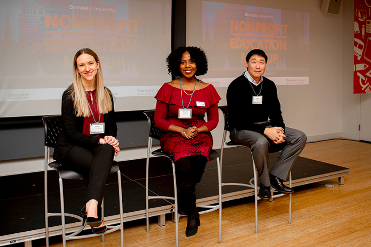 Ann Gazos O’Connor MPP’09 (left), Shaina Gilbert ‘10 (center), and Jay Kim ‘92 (right) speak at the 2019 Nonprofit & Education meetup.