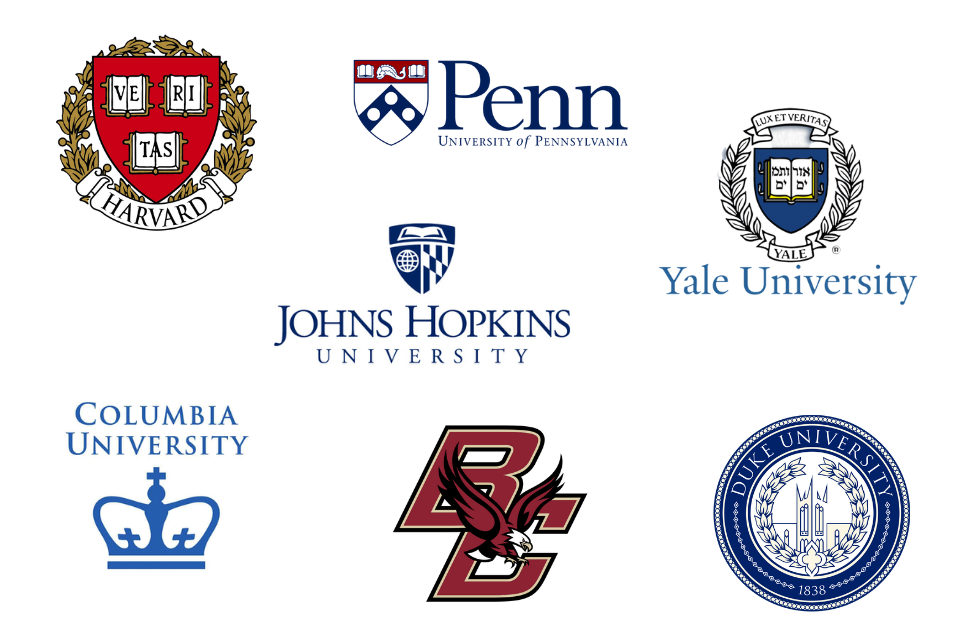 Harvard, Penn, Yale, Johns Hopkins, Columbia, Boston College, Duke