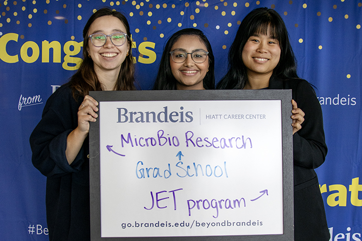 Leah Farinella (left), Mahika Gupta (center), and Thea Rose (right) who will be doing MicroBio Research, attending grad school, and participating in the Official JET Program USA.