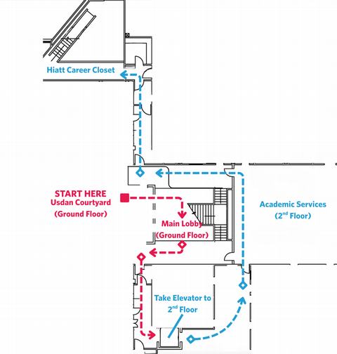 Map of accessible route to Hiatt's Career Closet