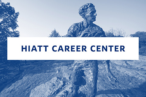 The Louis Brandeis sculpture with a text overlay that reads Brandeis Hiatt Career Center