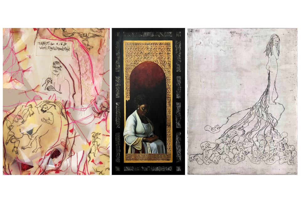 On left, an image consisting of red threads with a drawing of a woman holding a protest sign; middle: a woman sitting, dressed in a white robe, holding a bible; right: a drawing of a naked woman, shown from behind, with newborn babies laying below and connected to her