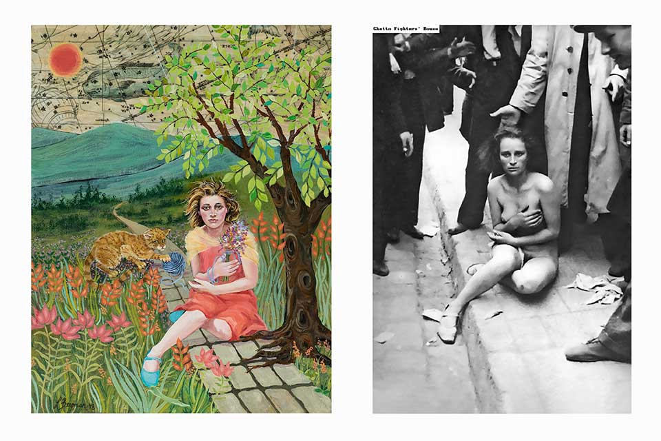 On left: A painting of a woman seated on the ground, holding flowers. On right: A black and white video still from archival footage in which a Jewish woman sits on the ground, stripped naked by her neighbors in Lvov.  