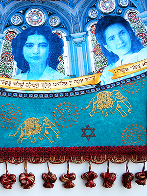 small turquoise tapestry with images of three women superimposed on the main area. the tapestry is embellished with cords and tassles. 