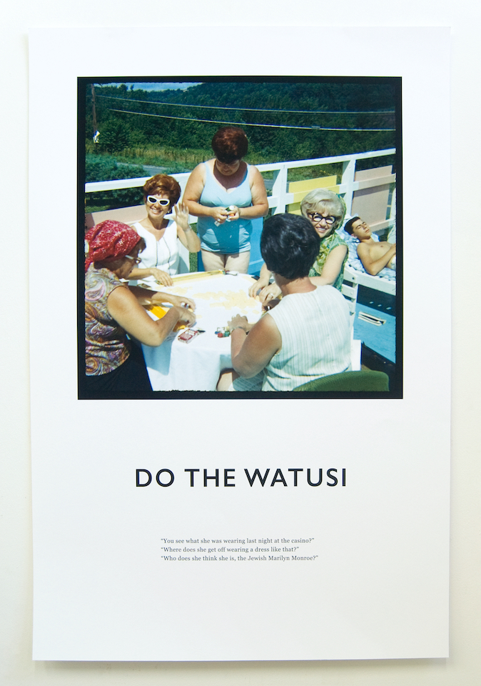 A poster which combines the text, "Do the Watusi" with a color photograph from the 1960s depicting a group of women play Mahjong at a patio table, and invented text.  