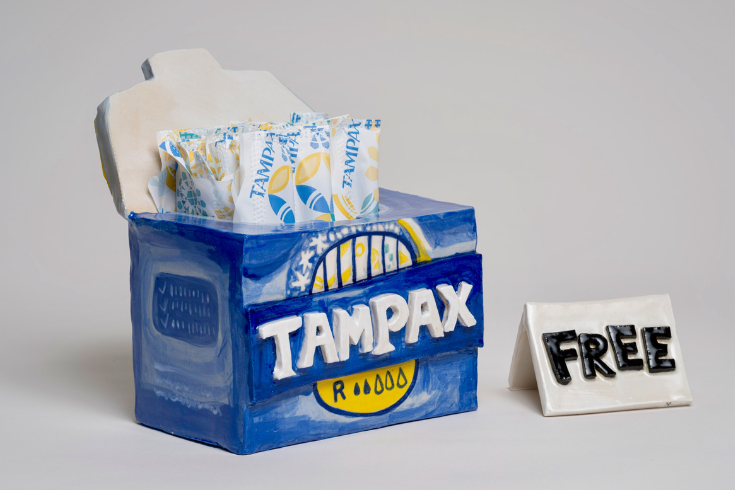 Caption: Susan Chen, Free Tampax, 2023, Ceramics Installation, Tampax Box: 6” W x 7” D x 7.5” H Free Sign: 3” W x 3” D x 2.25” H
