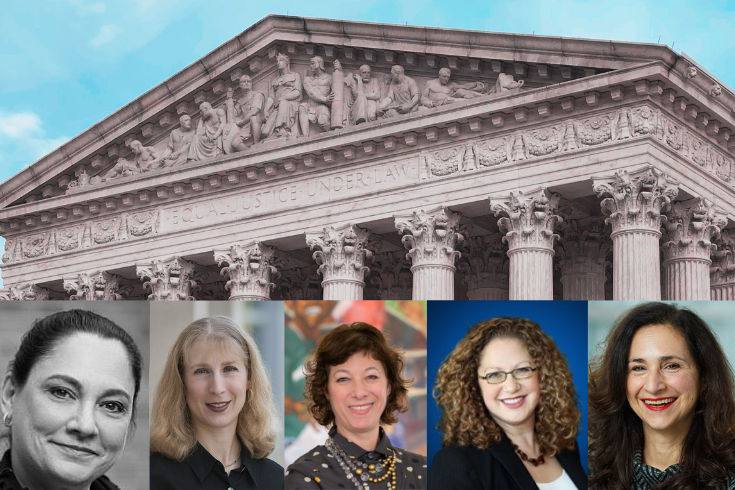 Photo of the Supreme Court, a beige building with columns and an eagle, with photos of the panelists on the bottom of the image