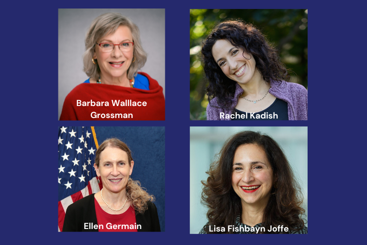 a collage of four women, on the top left, Barbara Wallace Grossman is a White woman with light hair wearing red; on the top right, Rachel Kadish is a White woman with black hair wearing purple and black; on the bottom left, Ellen Germain is a White woman wearing black and red; on the top right, Lisa Fishbayn Joffe is a White woman with brown hair 