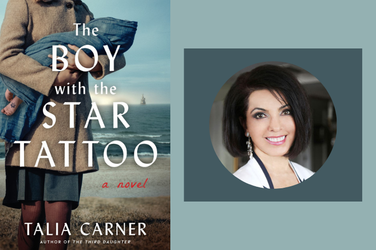 On the left, the book cover showing a woman holding a swaddled baby with only one foot showing which is tattooed with a star of David, on the right, Talia Carner, a smiling white woman with black hair wearing a white top
