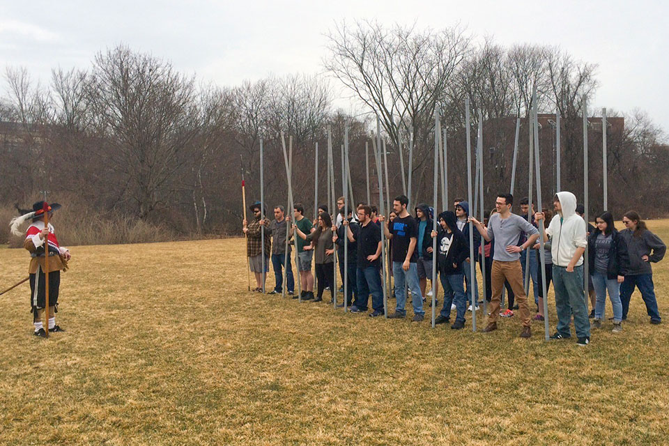 Students participate in Professor Govind Sreenivasan's course, "Early Modern History," reenacted a late 16th century infantry drill.  