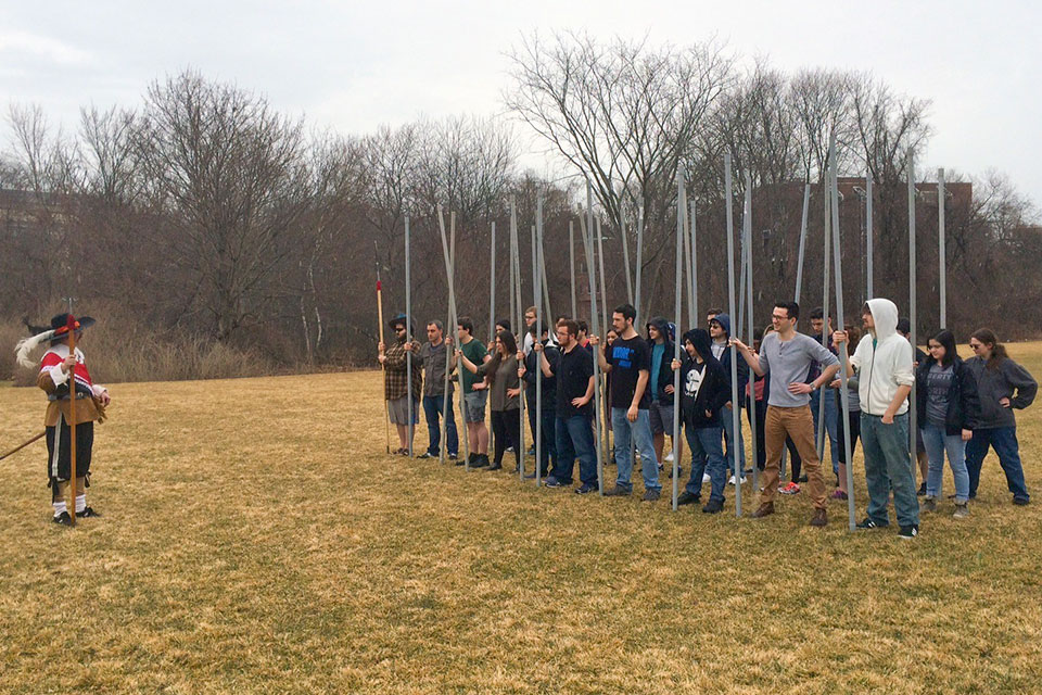 Students participate in Professor Govind Sreenivasan's course, "Early Modern History," reenacted a late 16th century infantry drill.