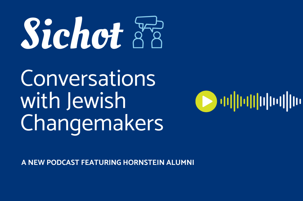 Dark blue and light blue graphic showcasing the podcast: Sichot: Conversations with Jewish Changemakers