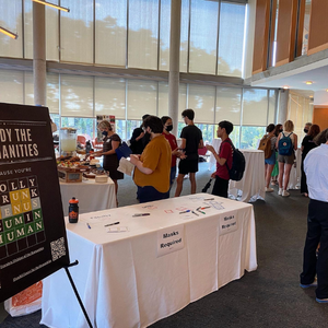 Picture of people networking around tables with food