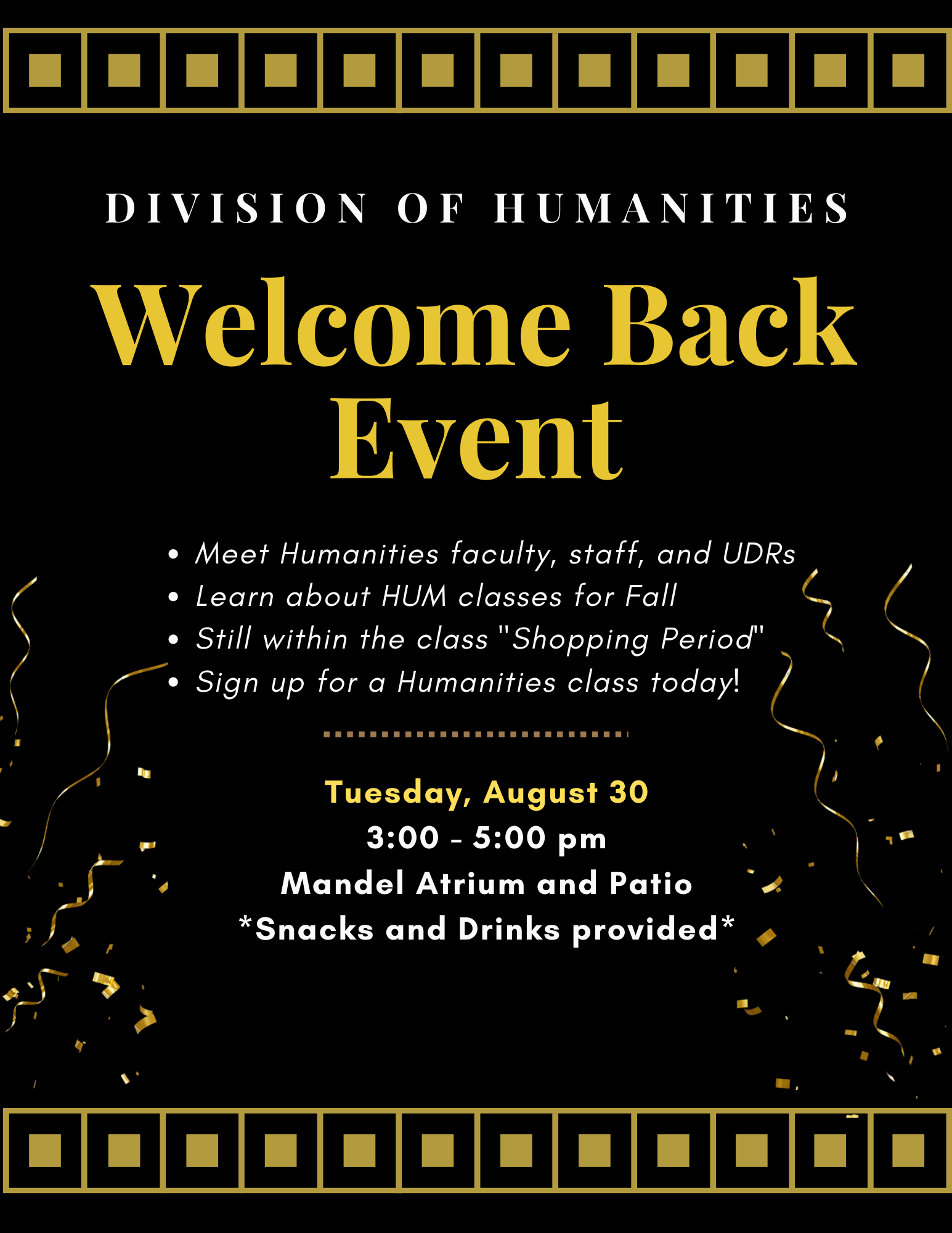 Black and gold flyer for Welcome Back Event