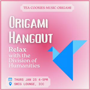 Pink flyer with a blue origami crane and details of event