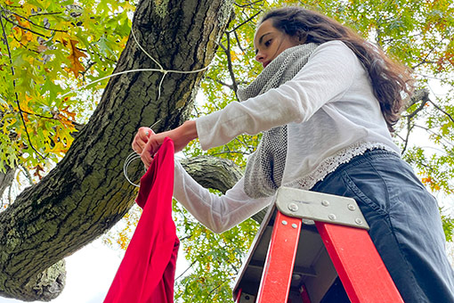 Students hanging a red dress from a tree on campus, as part of a CAST course