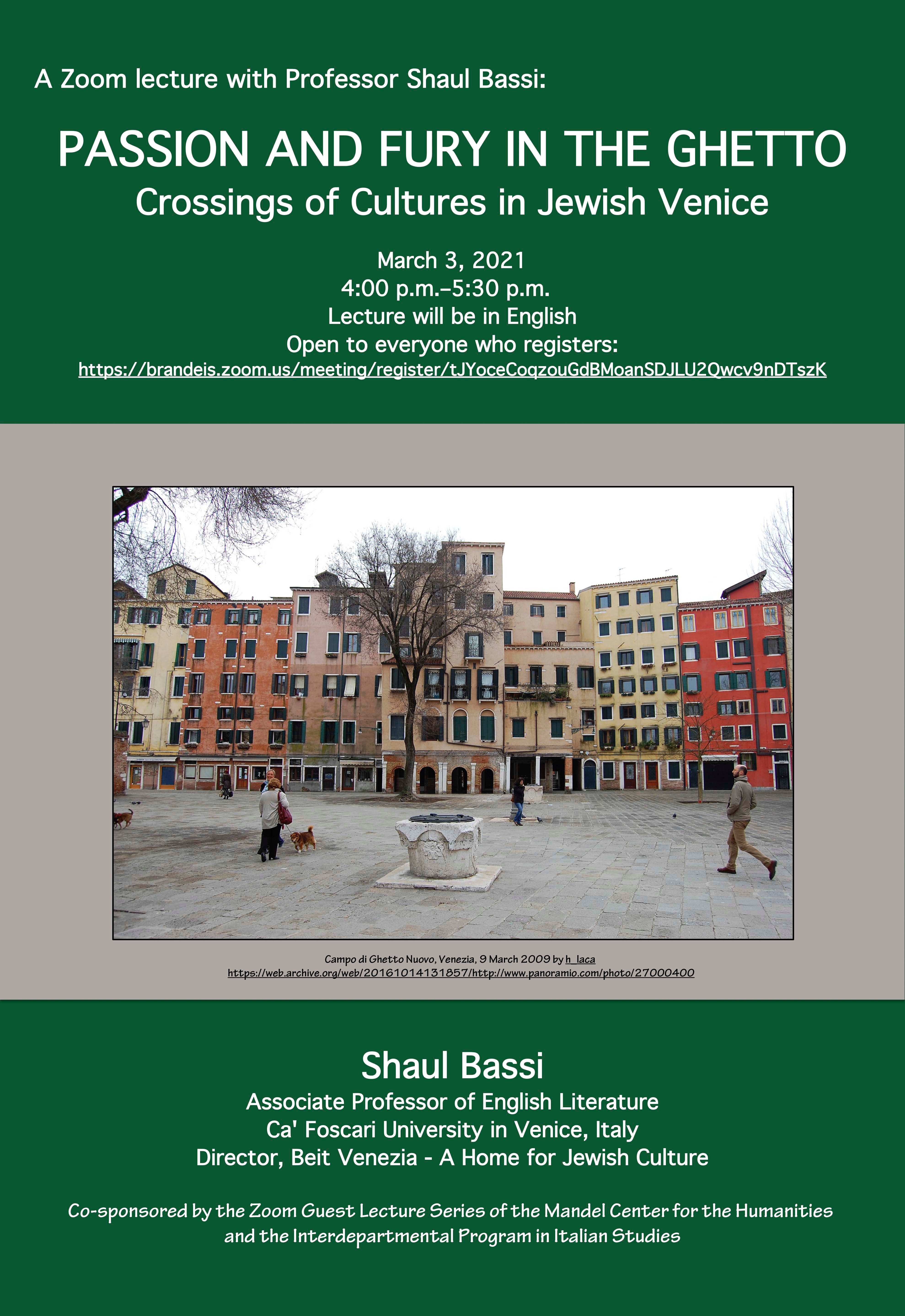 Text on a green background; in the middle is a photo of the Campo di Ghetto Nuovo, Venezia