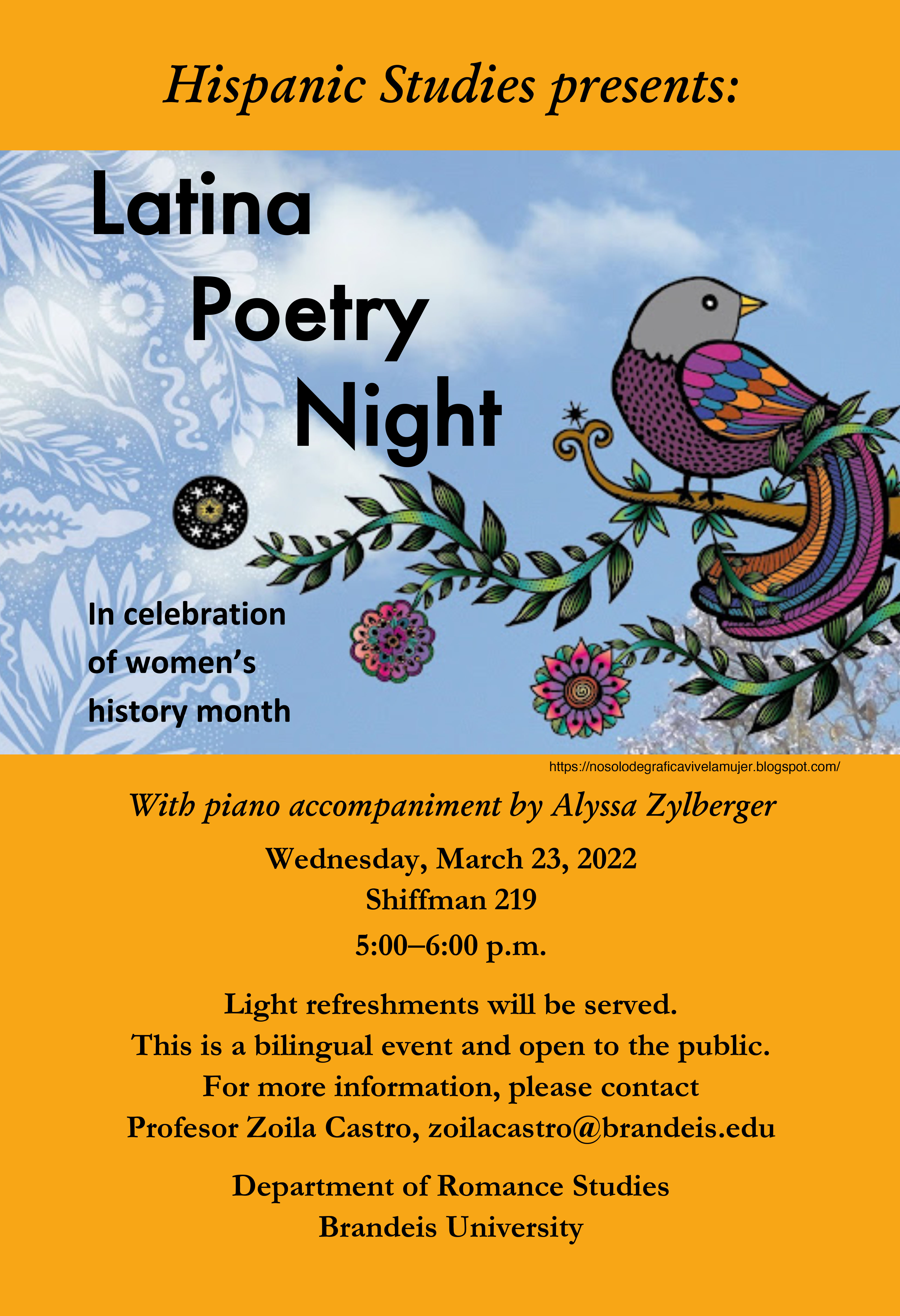 poster for Latina Poetry Night featuring a drawing of a bird perching on a branch