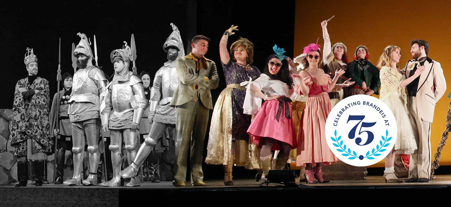 A black and white photo paired with a color photo, both with actors appearing on stage. The 75th anniversary logo appears.
