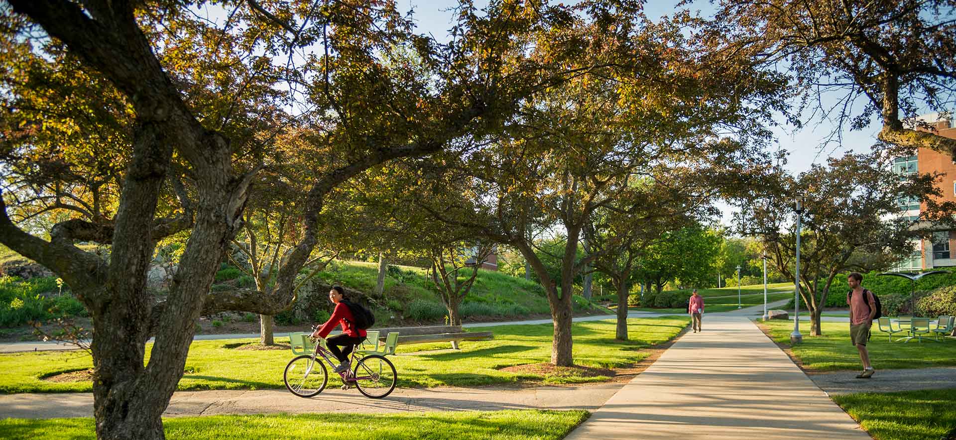 A view of fellows garden with a woman riding on a bike and two people walking