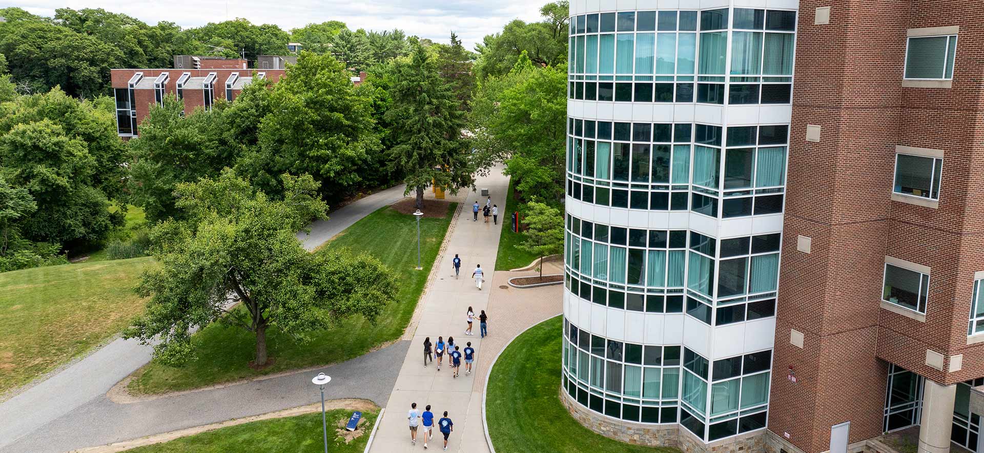 Aerial view of students walking on campus
