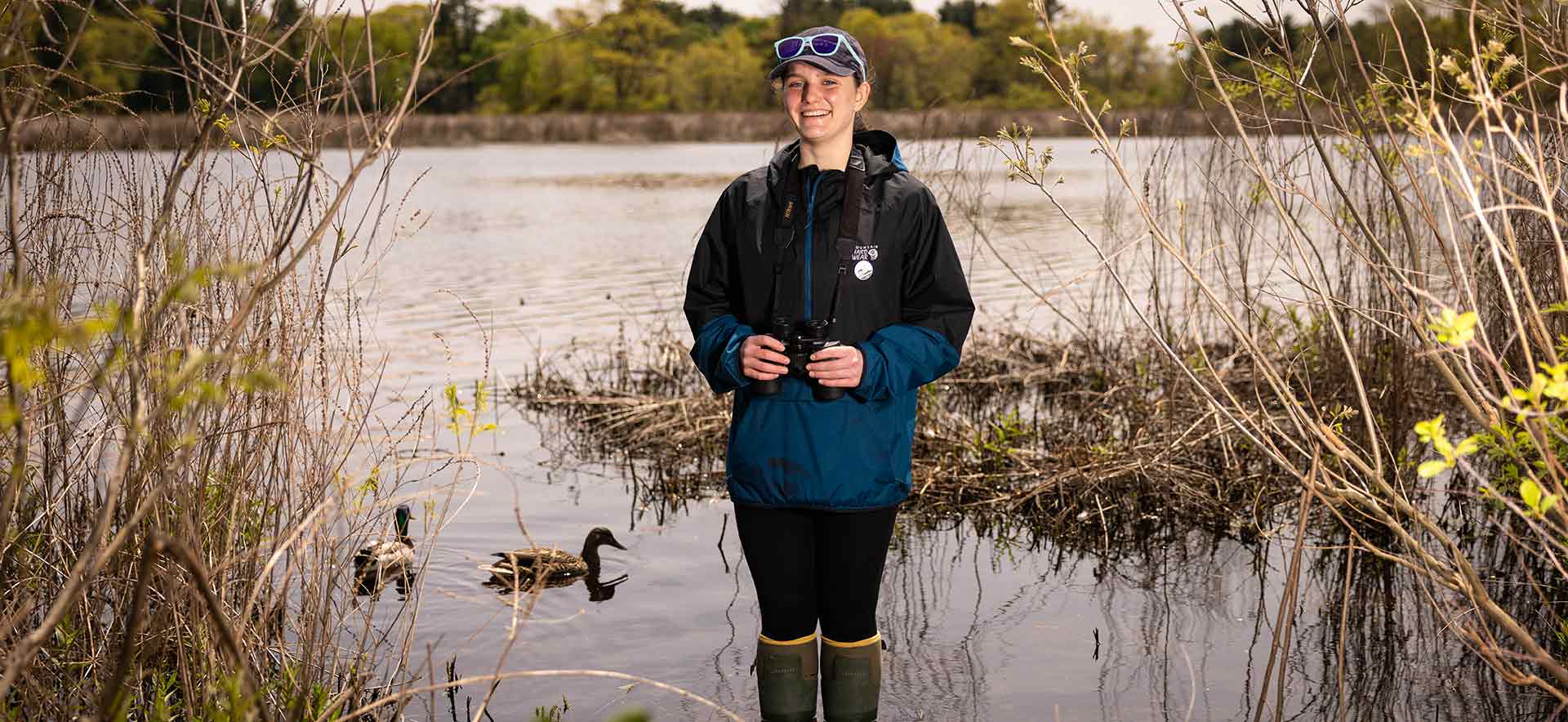 Kate Danziger stands in the Charles River holding binoculars, with blue sunglasses on the top of her head. Two ducks swim nearby.