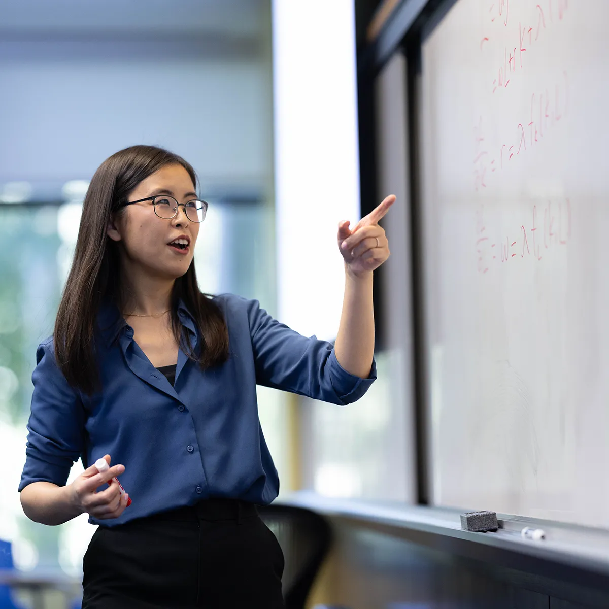 Faculty member pointing to a white board