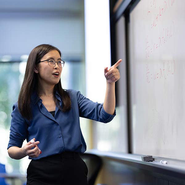 Faculty member pointing to a white board