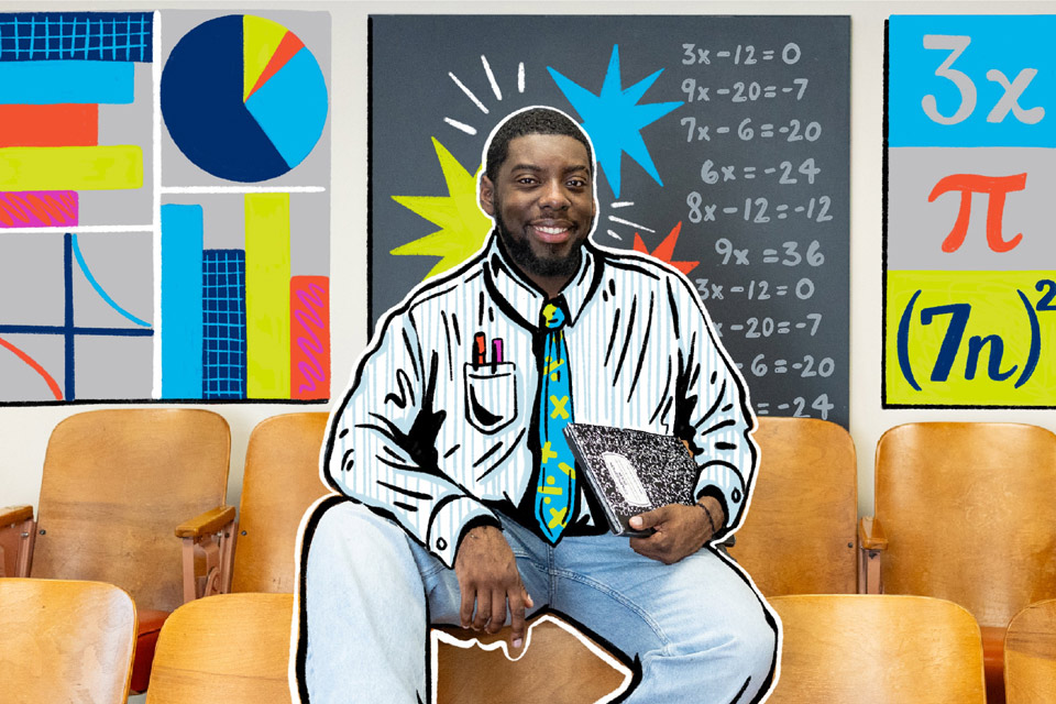 A student in a classroom holding a composition notebook, combined with brightly colored illustrations of formulas and charts