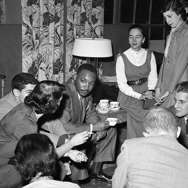 Martin Luther King speaking with students at Brandeis