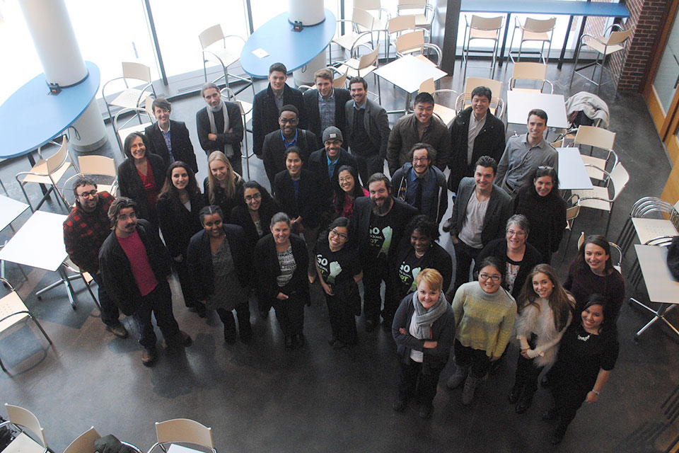 group of people in atrium