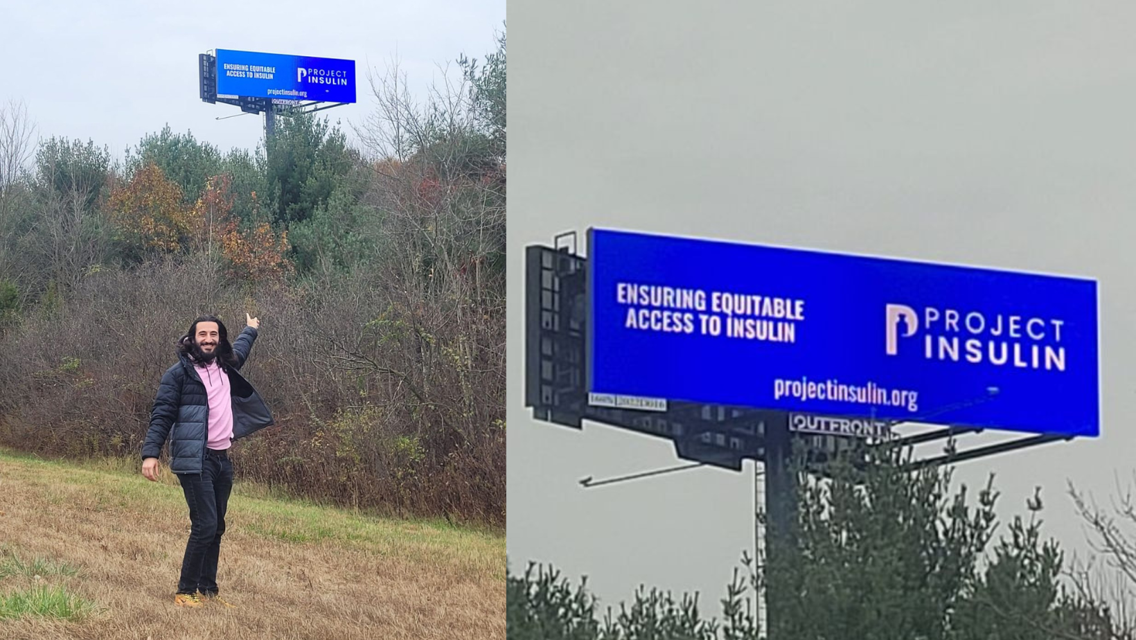 man in front of billboard and closeup of billboard