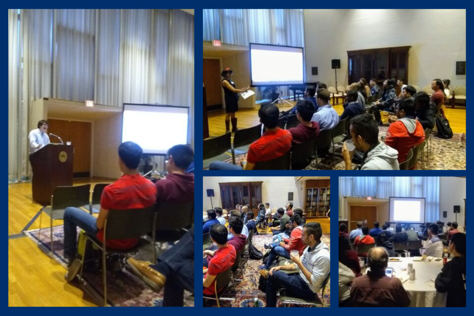 Group of people sitting in meeting hall. Speakers at podium pitching startup ideas.