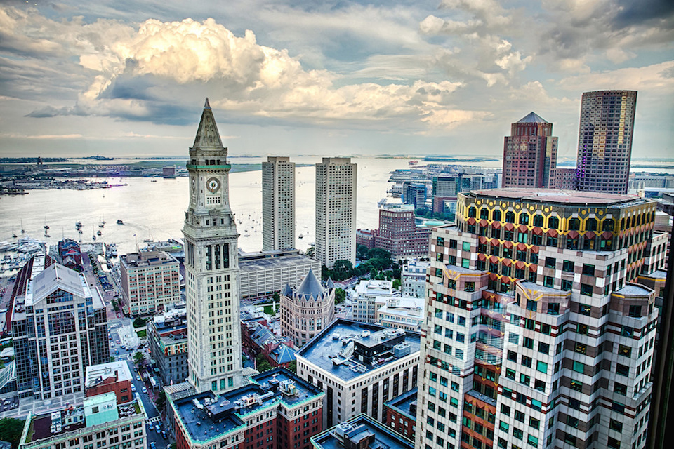 Birds eye view on Boston's downtown and harbor