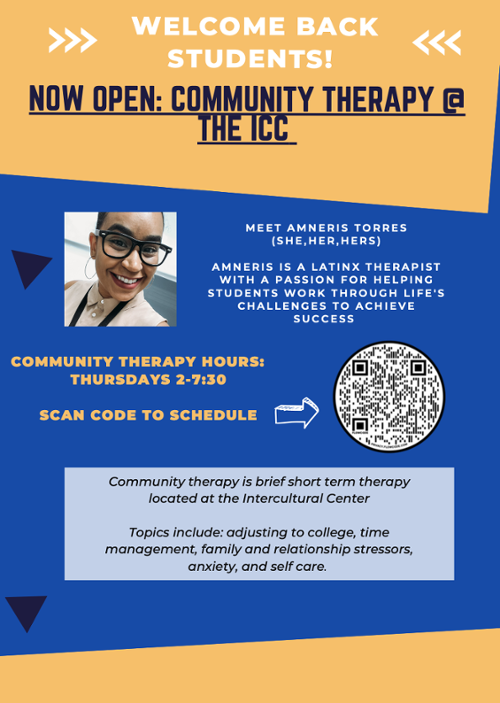 General flyer describing community therapy information.