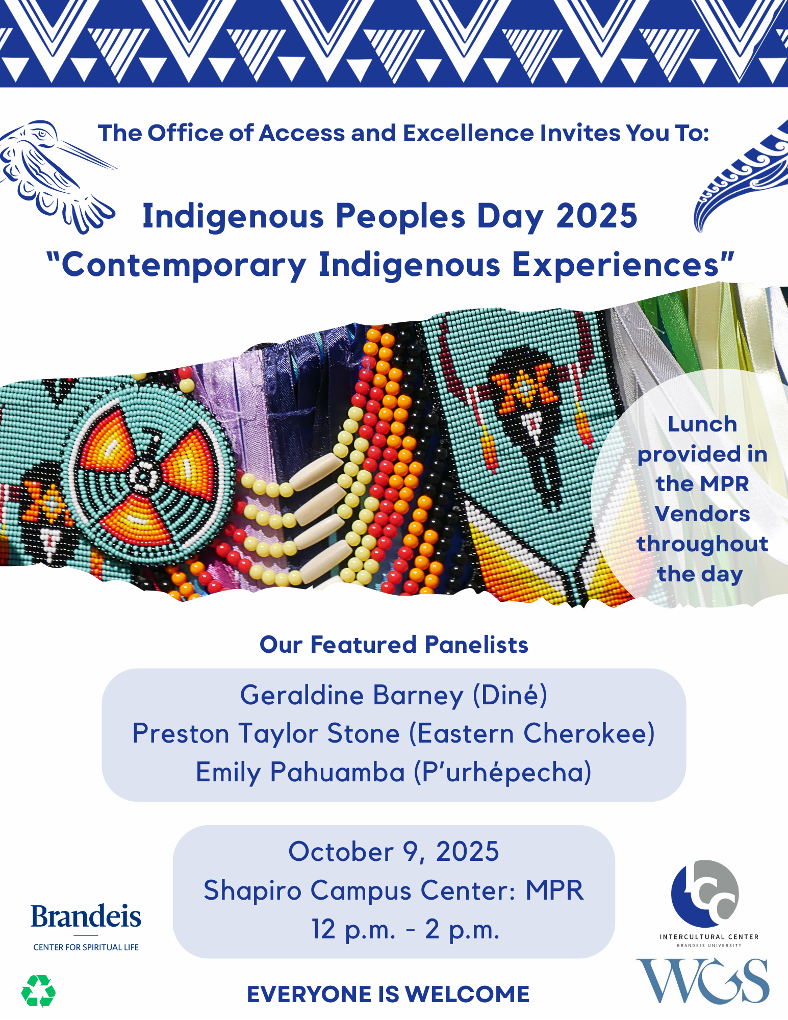 Indigenous Peoples Day 2025 flyer for Brandeis University with theme ‘Contemporary Indigenous Experiences,’ featuring panelists Geraldine Barney, Preston Taylor Stone, and Emily Pahuamba. Event on October 9 from 12–2 PM in the Shapiro Campus Center MPR.