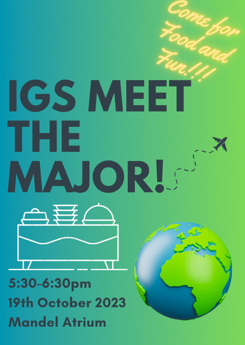 IGS Meet the Majors Blue and Green Flyer with Image of Globe and Table with Food