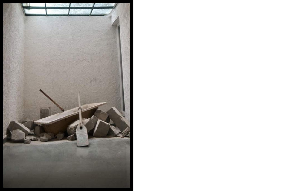 Two images side by side. The left side image features an art installation showing a bathtub tilted amidst a pile of grey rubble and stone blocks in a white-walled room, with two wooden oars leaning against the debris. The right side features text, no actual images, and the text reads: "Diversifying the Israeli Diaspora," taking place April 13-14, 2026. It also includes an image credit. which reads: Image: Achia Anzi, Untitled, “Land of Nod”
