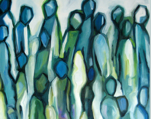 Abstract human figures huddled together in shades of blue and green with strong black outlines