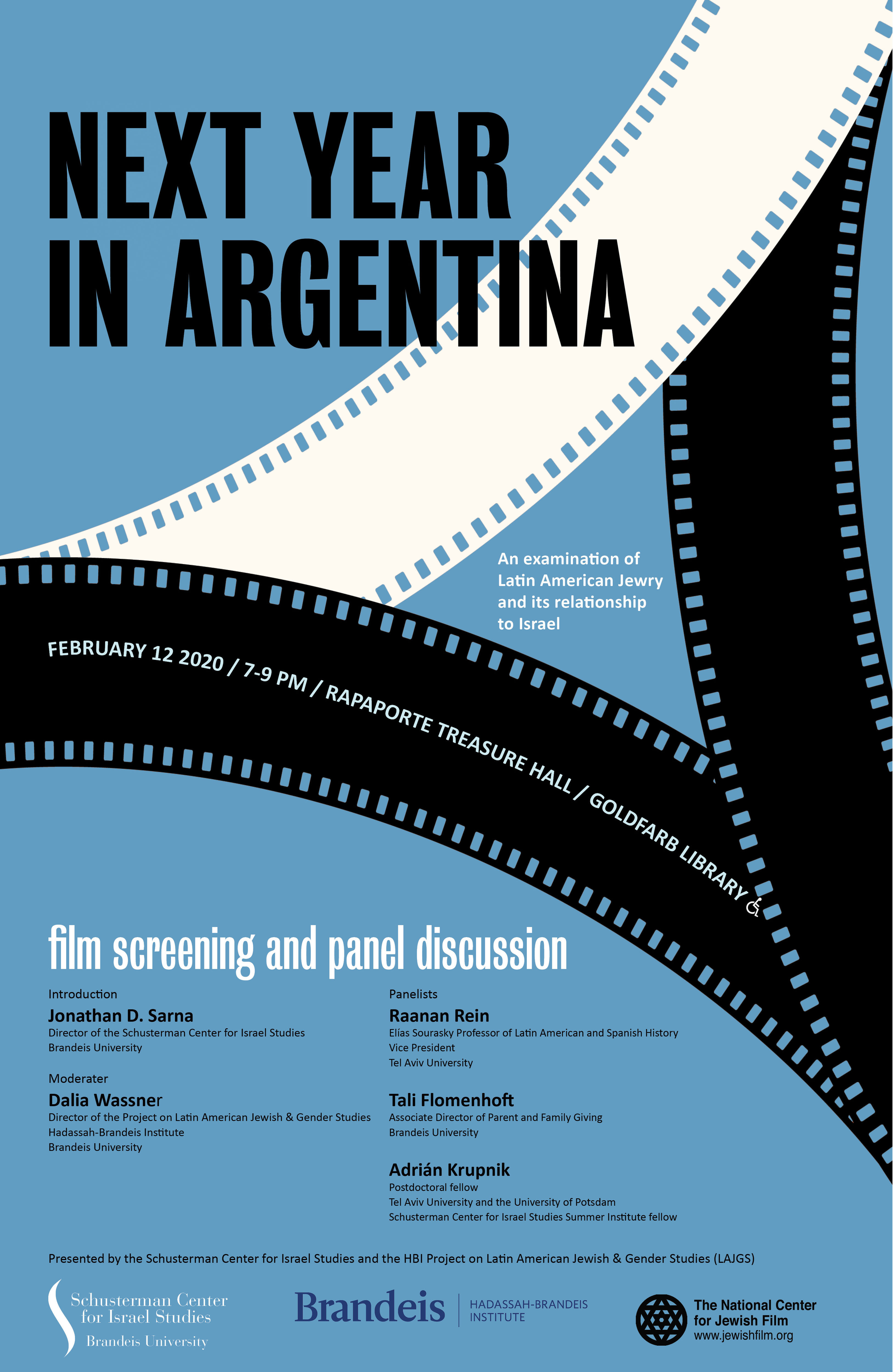 A blue, black and white poster for the event with a strip of film bent or folded into the shape of a curvy triangle.