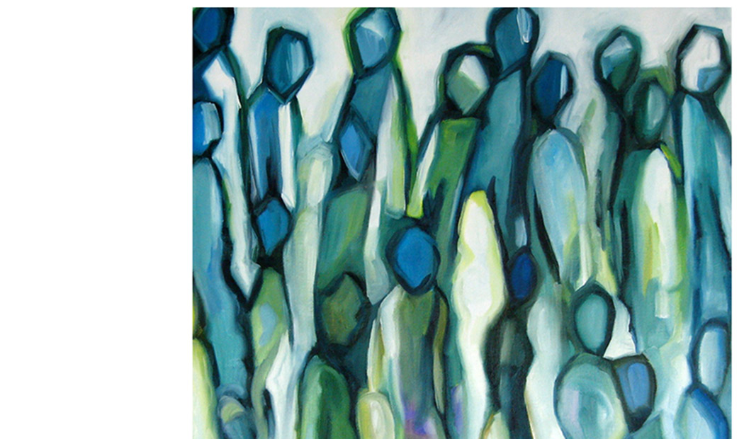 Abstract figures in shades of blue and green huddled together