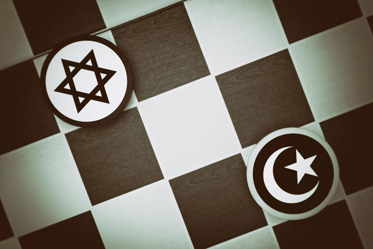 Black and white checkerboard with Jewish and Muslim symbols