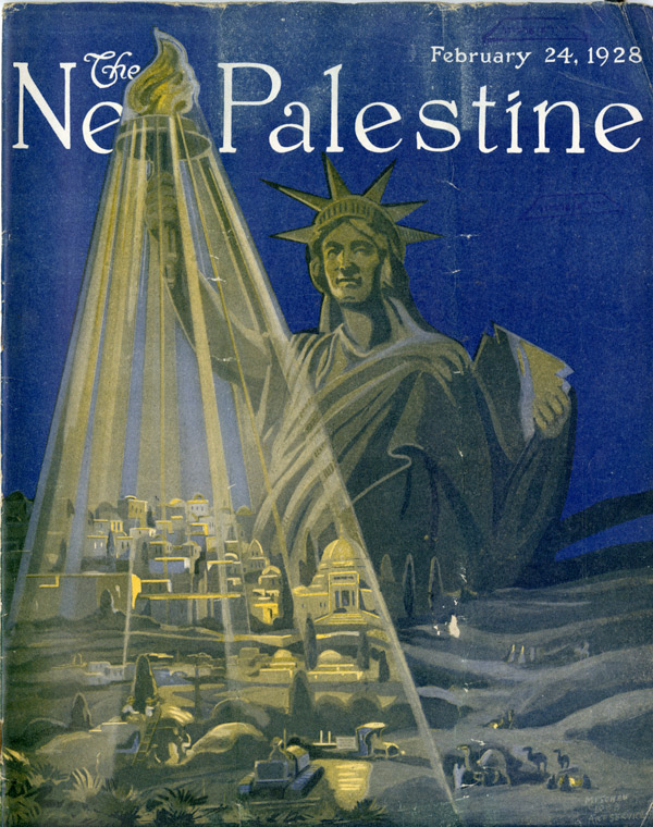 Magazine cover with illustration of Lady Liberty shining her torch on a desert town, buildings and some machinery