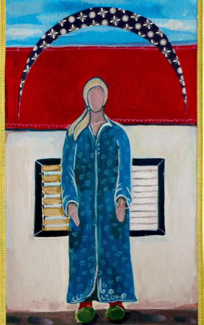 "Shekhina" by Neta Elkayam: A folk-art painting of a faceless woman in a patterned blue kaftan and headscarf, centered before a white building with a red roof under a floral-patterned arch.