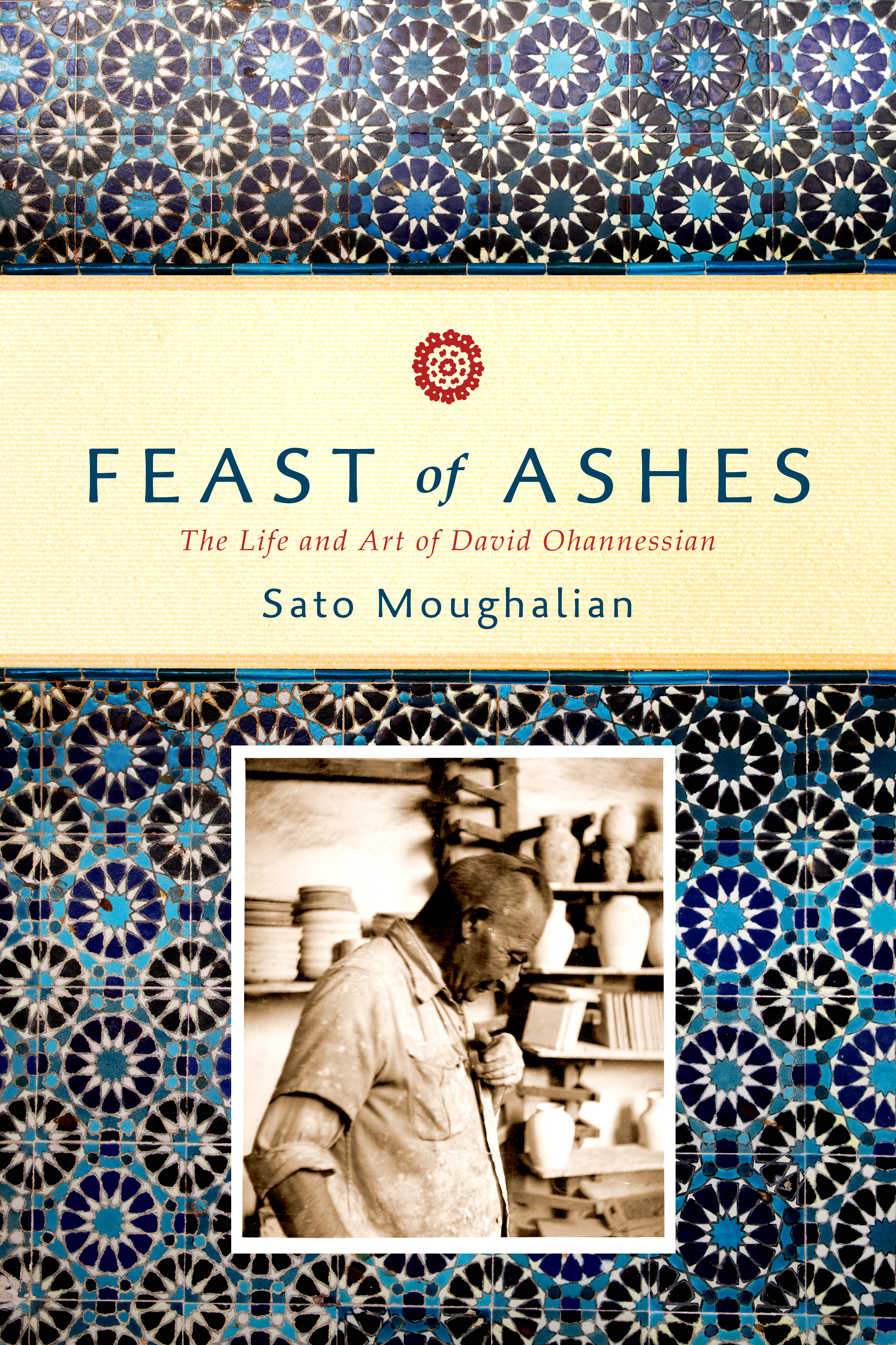 Book cover with intricate blue ceramic pattern with a sepia-tone image of an old man at the center