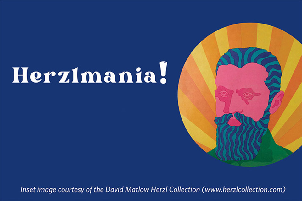 Graphic illustration of Theodor Herzl in bold, bright, 1960-s style colors  displays as round medallion on a deep blue backgroumd with the word "Herzlmania" in white.
