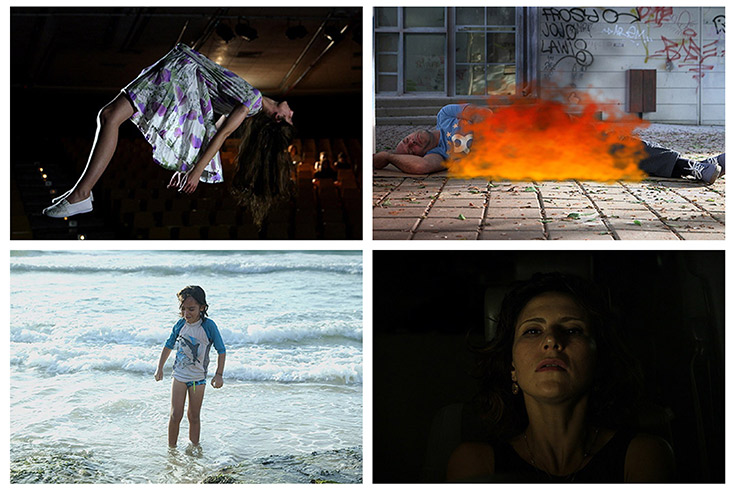 A collage of 4 images, a child in the surf, a girl suspended supine from the ceiling, a woman's face emerging from the dark, and a man who appears to be on fire.