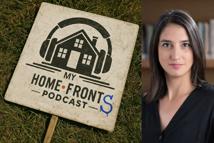 Image of a sign on the ground that says "My Home Fronts Podcast" beside a headshot of Romy Neumark